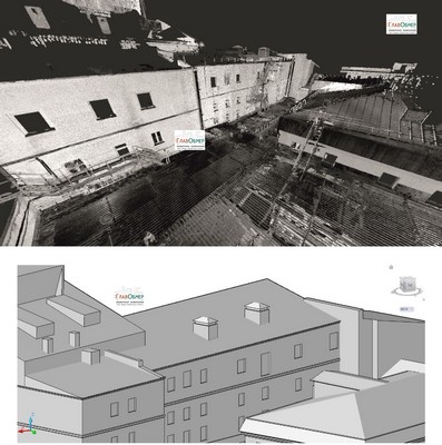 16. Облако точек сканирования, выполненное лазерным сканером Leica, трёхмерная модель здания и дворовой территории