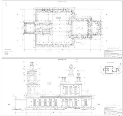 23. Обмерные чертежи храма - поэтажный план и фасад