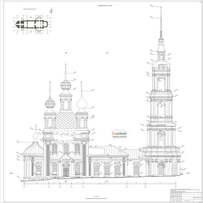 9. Обмерочный чертеж фасада старинной церкви, выполненный на основе данных лазерного сканировани