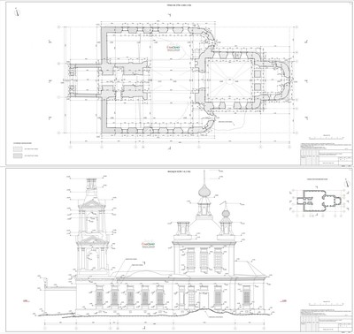 22. Архитектурный обмерный план и фасады здания, выполненные на основе данных наземного лазерного сканирования