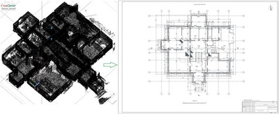 6. Показан результат лазерного сканирования и итоговый 2D обмерный план здания