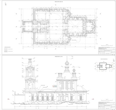 14. Обмерочные чертежи (план и фасад) памятника архитектуры