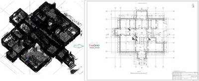 5. Облако точек сканирования здания и последующее выполнение 2Д чертежа обмерного плана